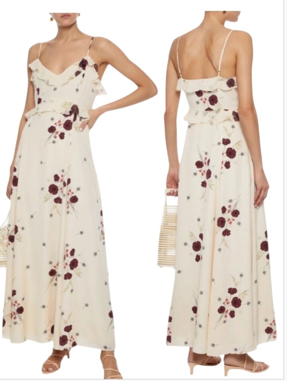 NWT Joie Cassiel Ruffled Floral Maxi Dress Aged White Cream Silk Sz 4